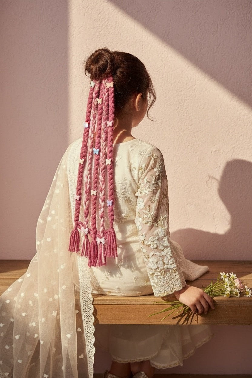 Lily braided hair extensions in pink and white yarn with butterfly charms and bows, attached to a girl's bun.