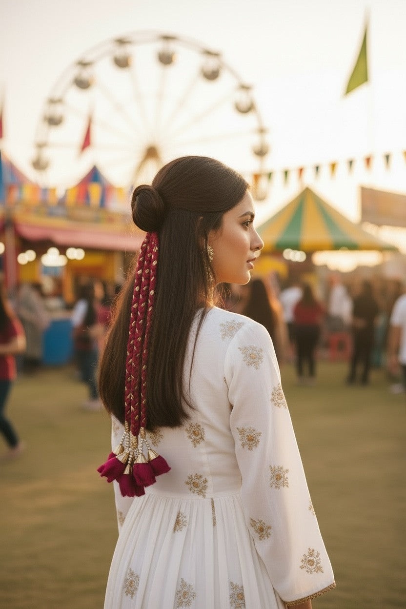 Lily braided fuchsia hair accessory with floral tassels and gold accents, worn by a woman with a bun hairstyle.