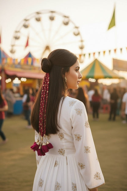 Lily braided fuchsia hair accessory with floral tassels and gold accents, worn by a woman with a bun hairstyle.