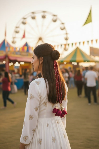 Lily braided fuchsia hair accessory with floral tassels, styled in a bun with loose hair.