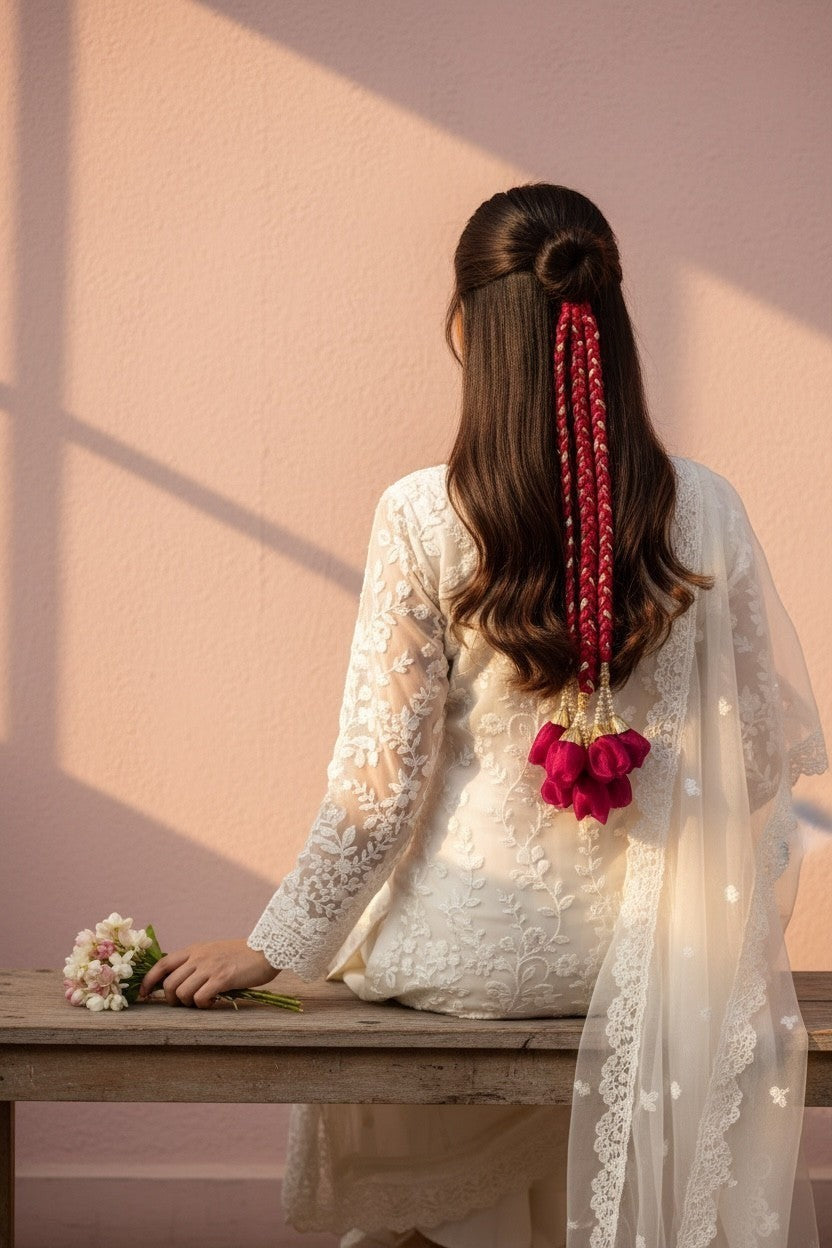 Lily braided fuchsia hair accessory with floral tassels, styled in a half-up bun on a woman with dark hair.