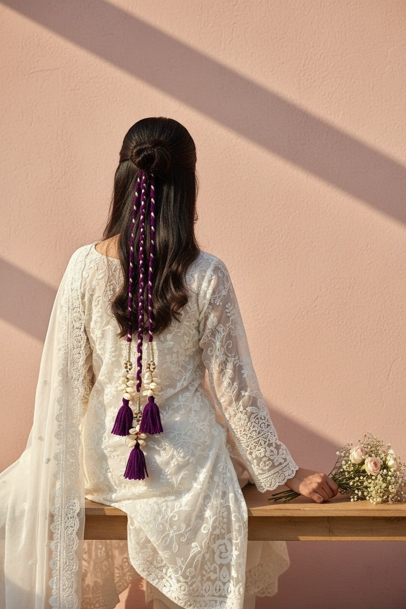Lily braided hair accessory with purple & white cord, shells, beads, and tassels. Bohemian style.