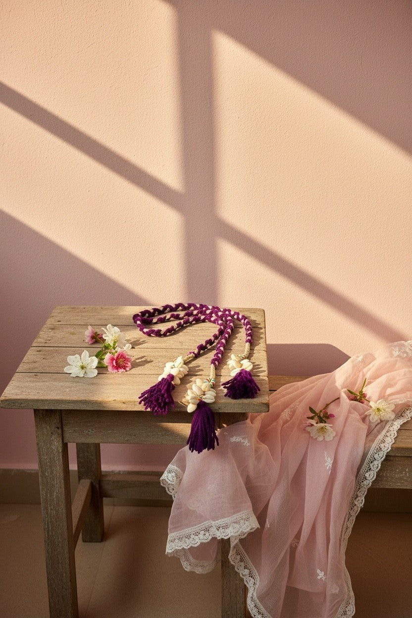 Lily braided purple and white cord hair accessory with shells, tassels, and beads. Bohemian style.