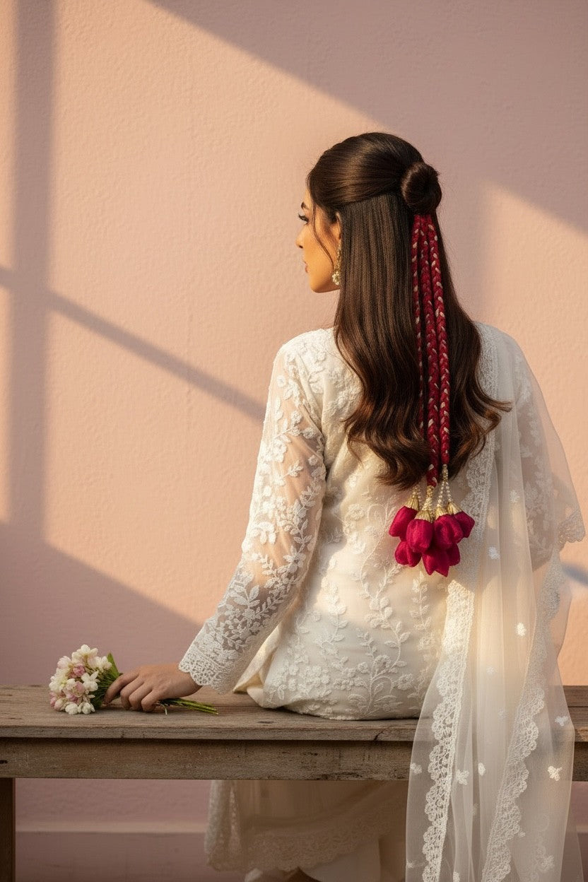 Lily braided red hair accessory with deep pink floral tassels, perfect for bohemian style.