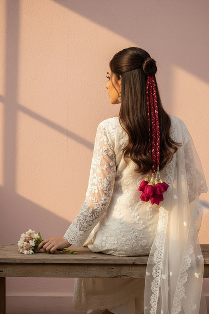 Lily braided red hair accessory with deep pink floral tassels, perfect for bohemian style.