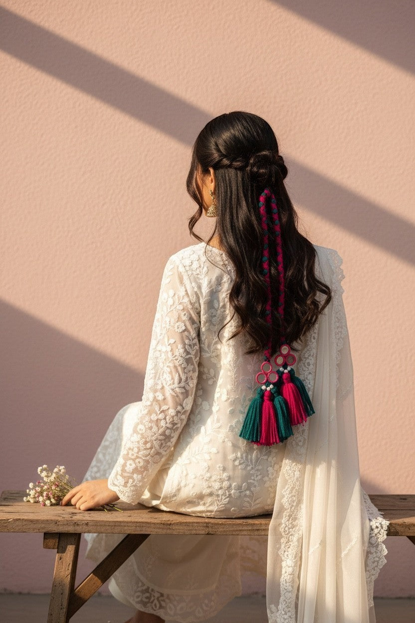 Lily braided hair accessory with teal and fuchsia tassels and mirrored charms, styled in a woman's dark hair.