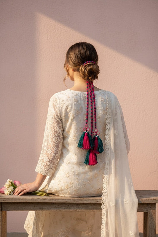 Lily braided hair accessory with teal and fuchsia tassels, styled in a bun. Bohemian-chic hair adornment.