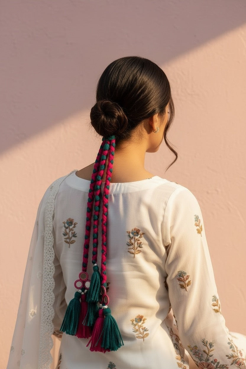 Lily braided hair accessory with teal and fuchsia tassels and mirrored charms, styled in a bun.