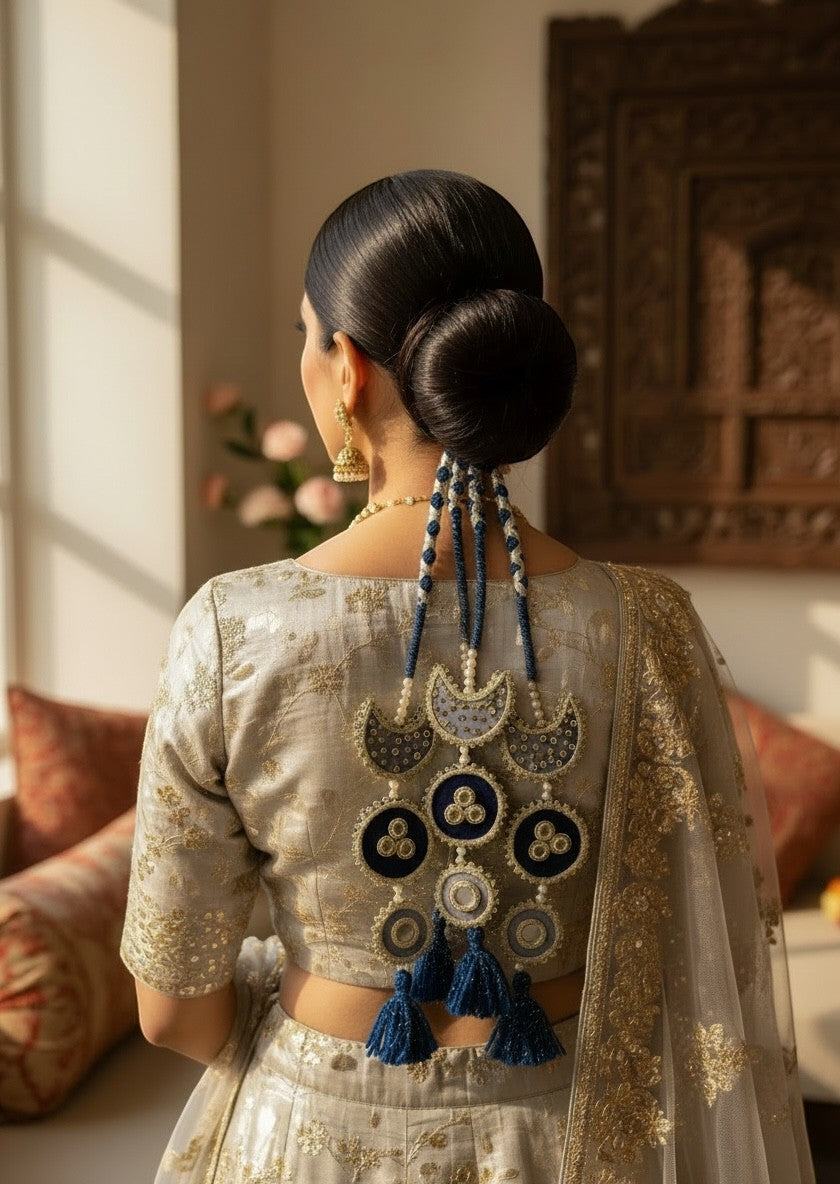 Lily Chaand Rani Paranda featuring navy blue and cream embroidery, mirror work, and tassels on a braided hairstyle.