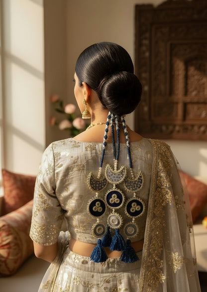Lily Chaand Rani Paranda featuring navy blue and cream embroidery, mirror work, and tassels on a braided hairstyle.