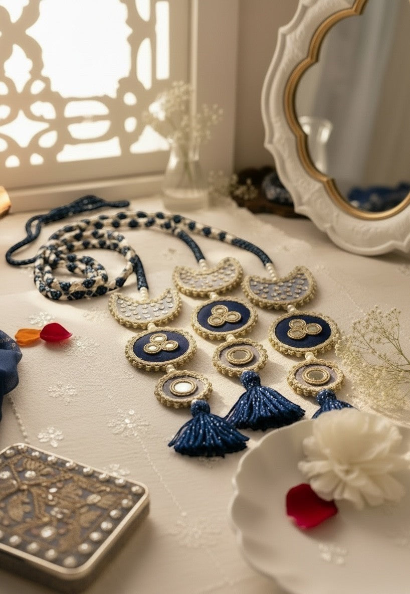 Lily Chaand Rani Paranda featuring navy blue and cream embroidery, mirror work, and elegant tassels for hair styling.