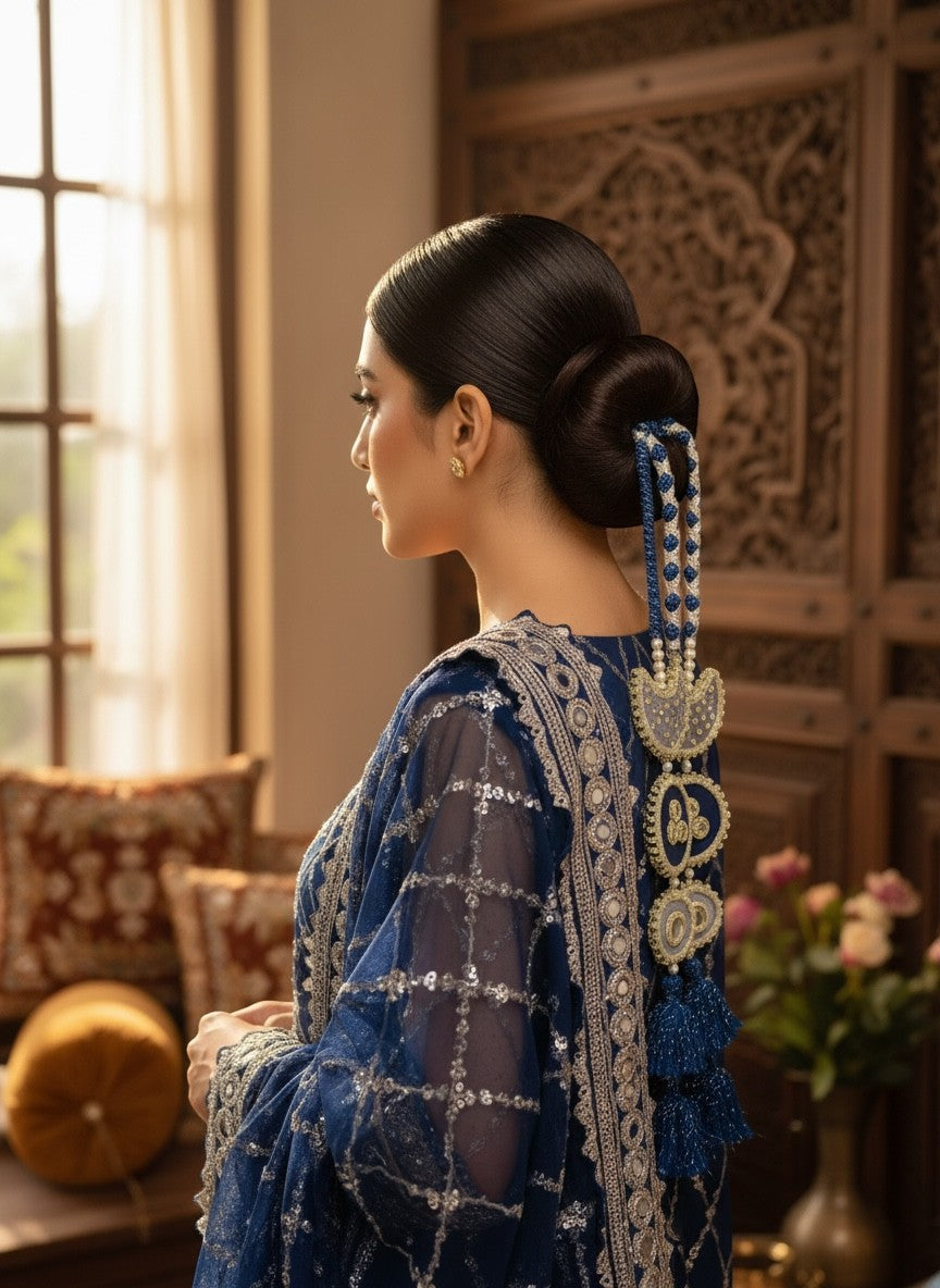 Lily Chaand Rani Paranda in navy blue and cream with mirror work, crescent motifs, and tassels on a styled bun
