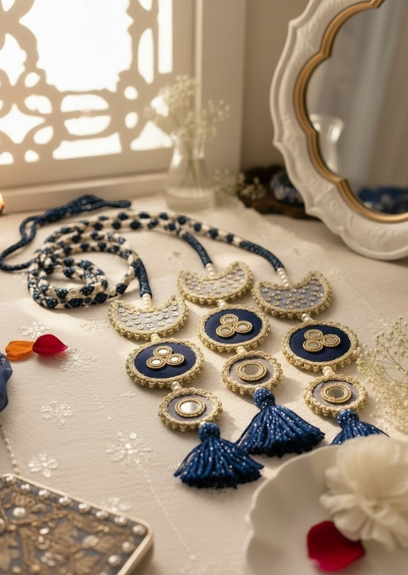Lily Chaand Rani Paranda featuring navy blue and cream embroidery, mirror work, and elegant tassels for ethnic hair.