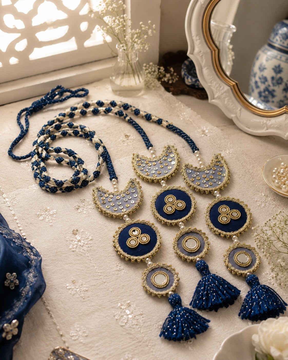 Lily Chaand Rani Paranda hair accessory in navy blue and cream with mirror work, embroidery, and tassel details.
