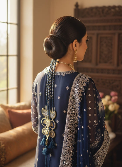 Lily Chaand Rani Paranda in navy blue and cream with mirror work, embroidery, and tassels worn on a braided hairstyle.