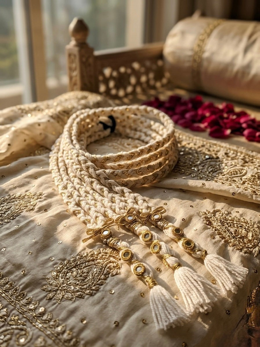 Lily cream braided hair accessory with gold mirror embellishments and white tassels, perfect for bohemian style.