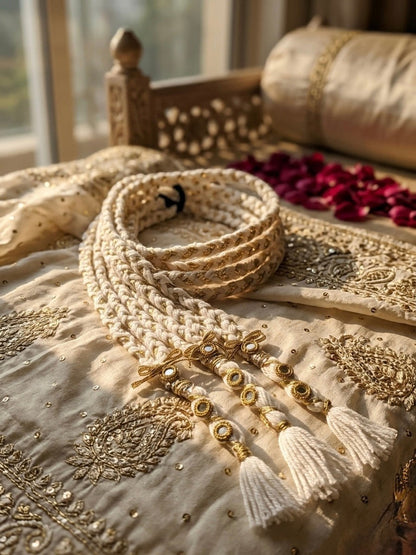 Lily cream braided hair accessory with gold mirror embellishments and white tassels, perfect for bohemian style.