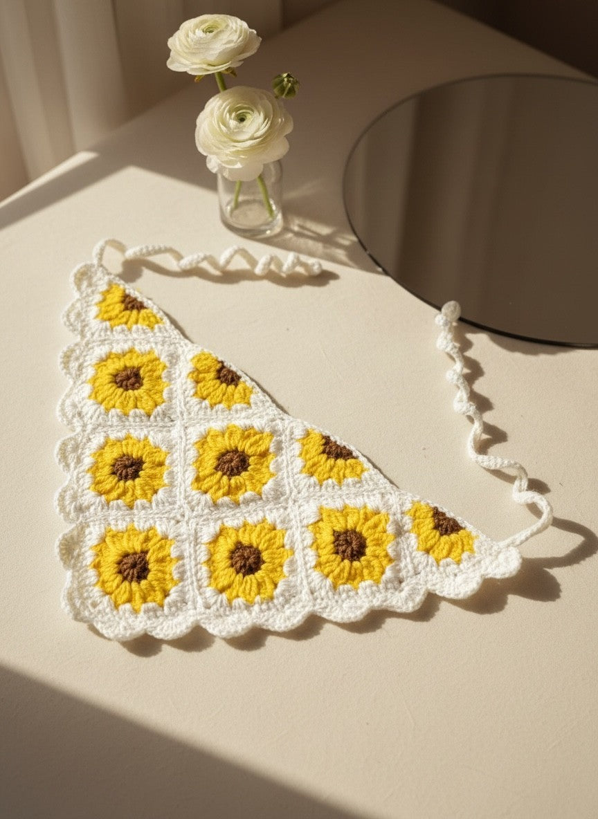 Lily handmade crochet sunflower hair bandana in yellow and white with tie-back straps on a neutral surface.