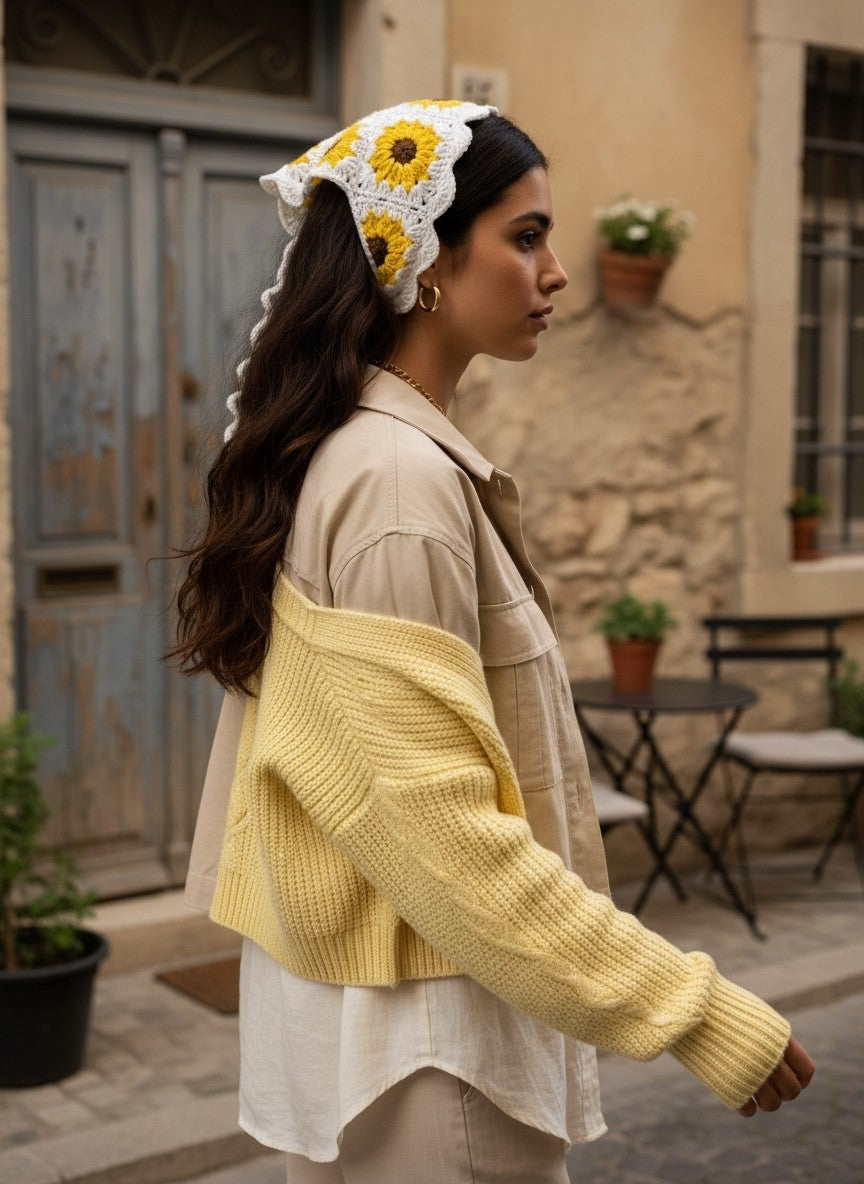 Lily handmade crochet sunflower hair bandana in yellow and white worn by a woman in a beige outfit on a city street.