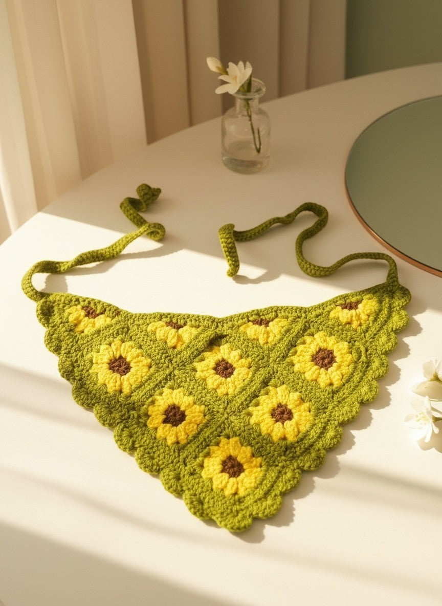 Lily crochet hair bandana featuring a green base with yellow sunflower motifs and adjustable tie-back straps.