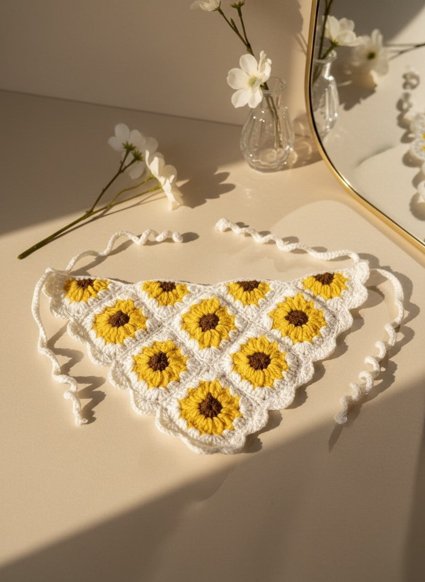Lily handmade crochet sunflower hair bandana in yellow and white with tie-back straps for a bohemian style.