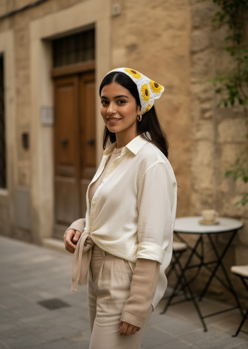 Lily handmade crochet sunflower headscarf in yellow and white worn by a woman in a casual beige outfit outdoors