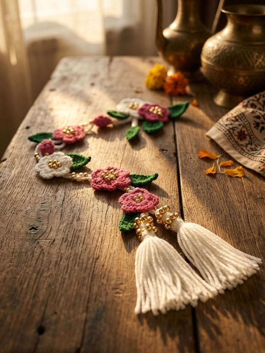 Lily crocheted floral hair garland with pink & white flowers, green leaves, faux pearls, gold beads, and white tassels.