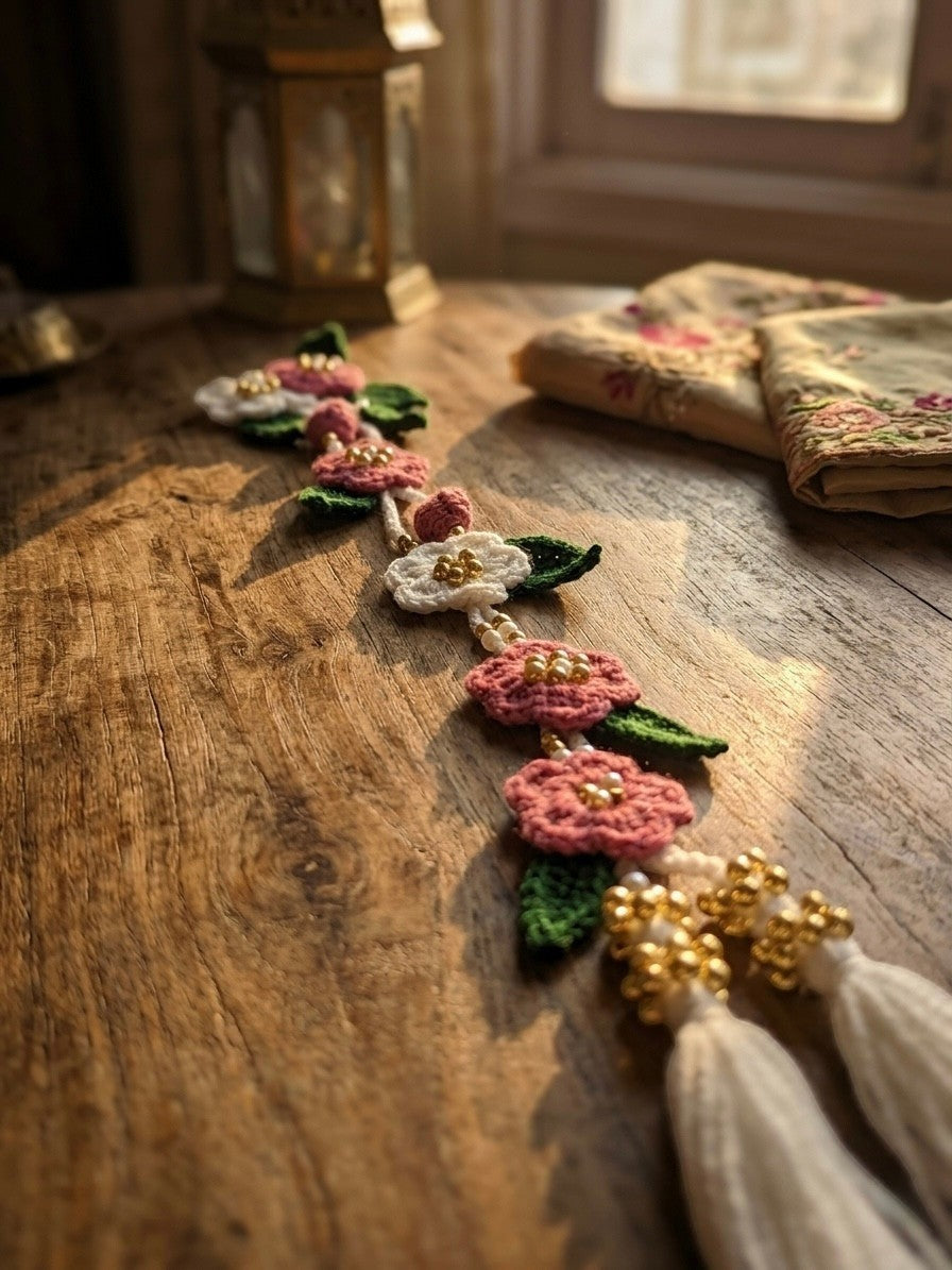 Lily crocheted flower hair garland with pink, white flowers, green leaves, faux pearls, gold beads, and white tassels.