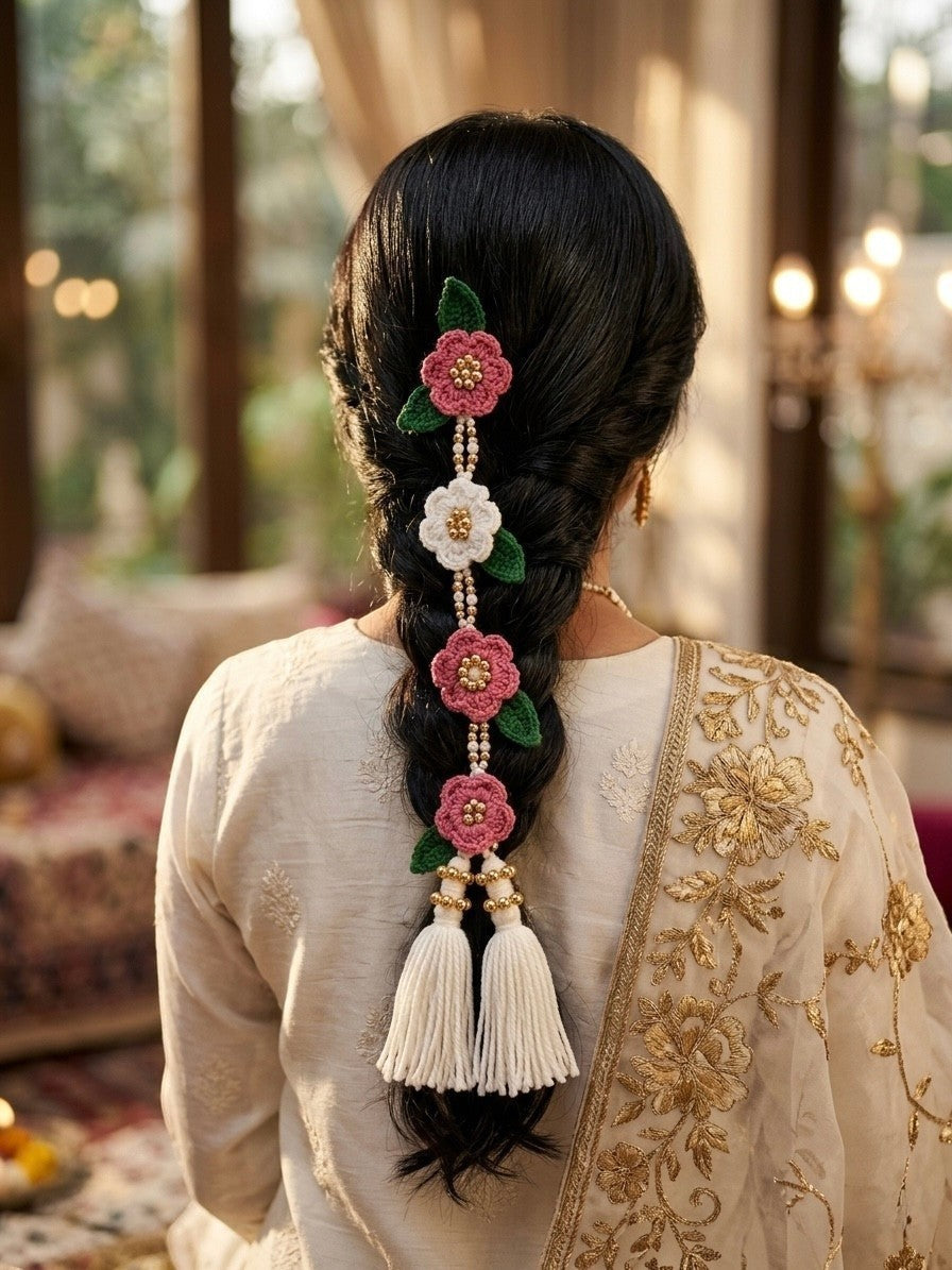 Lily crocheted hair garland with pink and white flowers, green leaves, faux pearls, golden beads, and white tassels woven into a braid.
