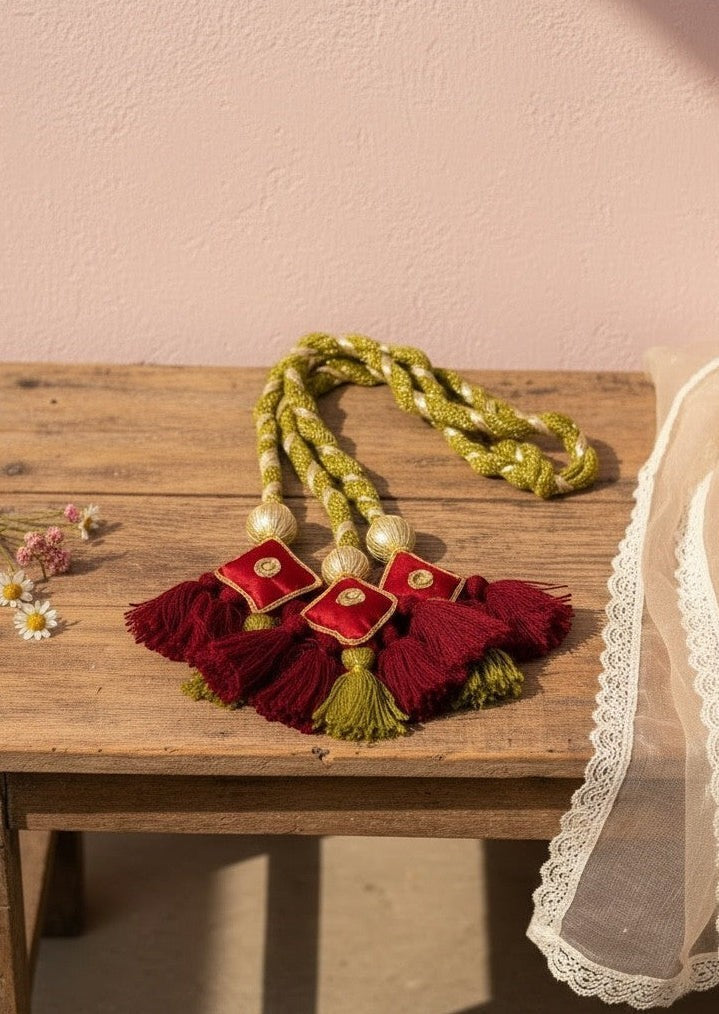 Lily decorative tassels with braided gold and green cord, maroon fringe, and red satin square accents with gold embroidery.