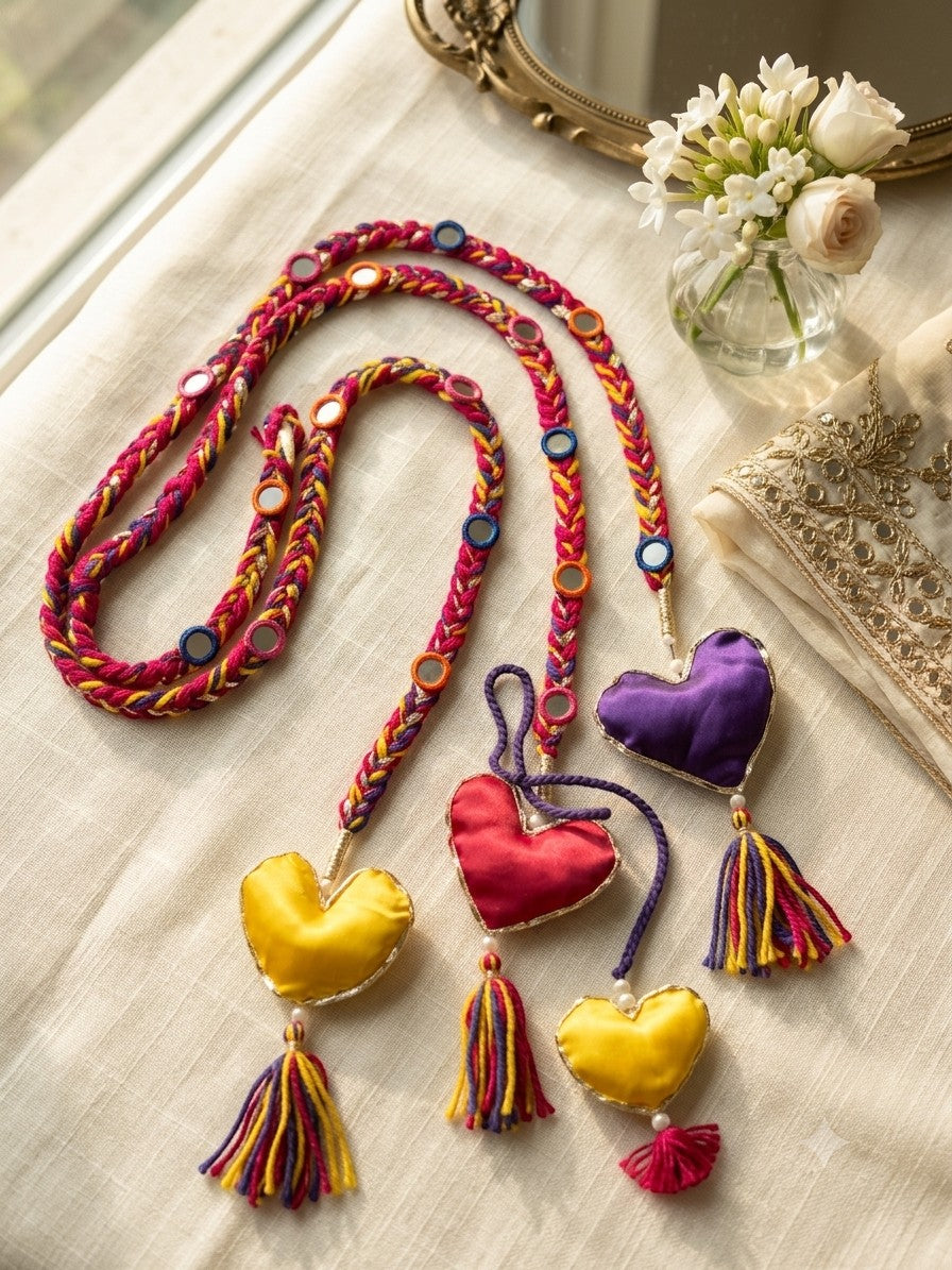 Lily Dilruba Paranda hair accessory with braided pink, purple, and yellow cord, mirror accents, and satin hearts.