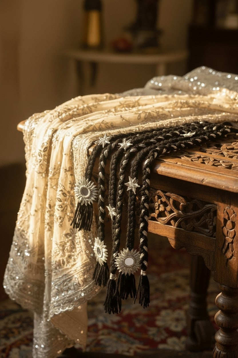 Lily embellished black braided hair accessory with silver stars and tassels, perfect for ethnic wear.