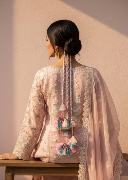 Lily embellished tassel necklace with mirror accents in pink, blue, and cream. Handcrafted braided cord with tassels and mirrored details.