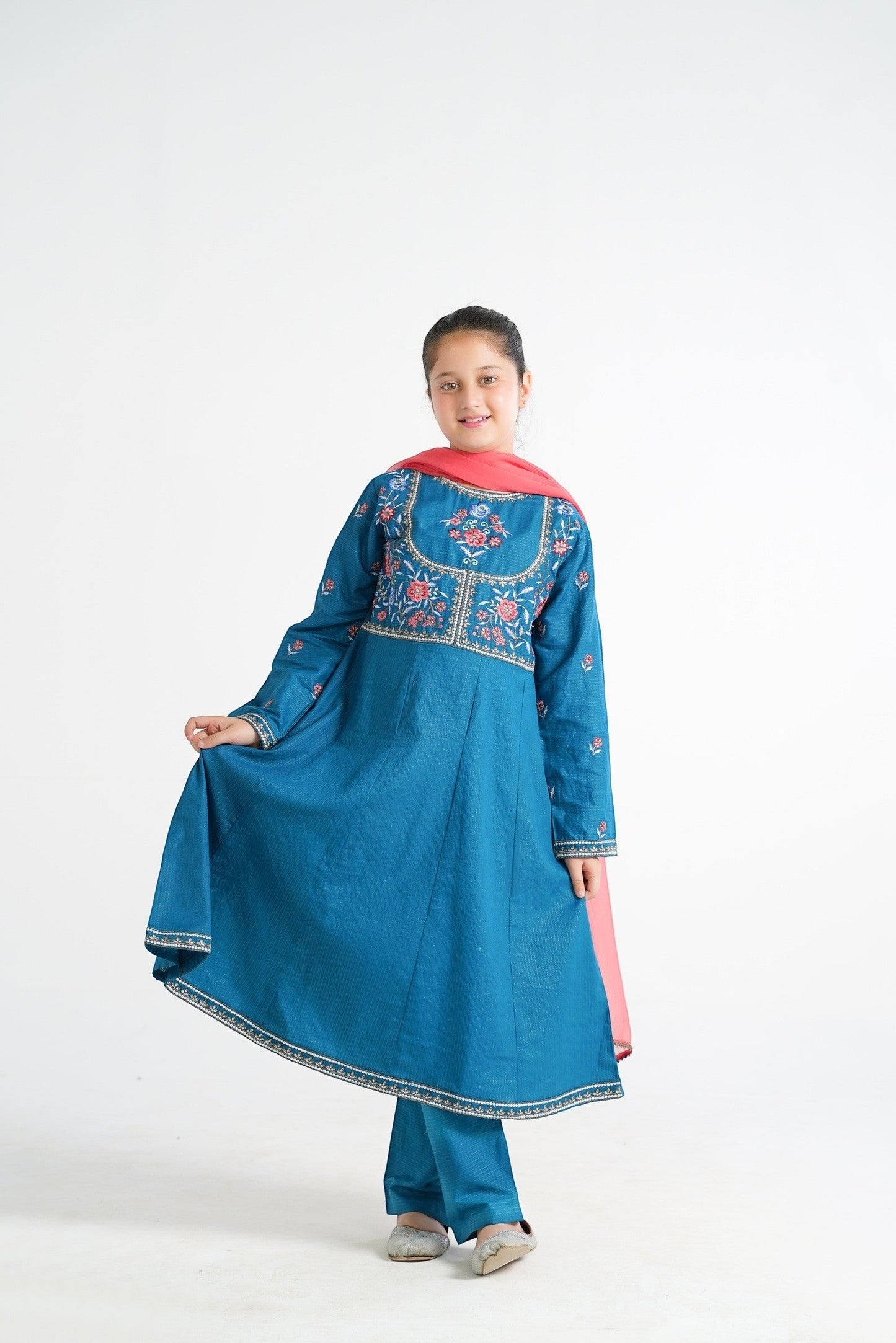 Lily embroidered teal Anarkali suit set for girls with floral yoke and coral dupatta. Flared kurta with textured fabric.