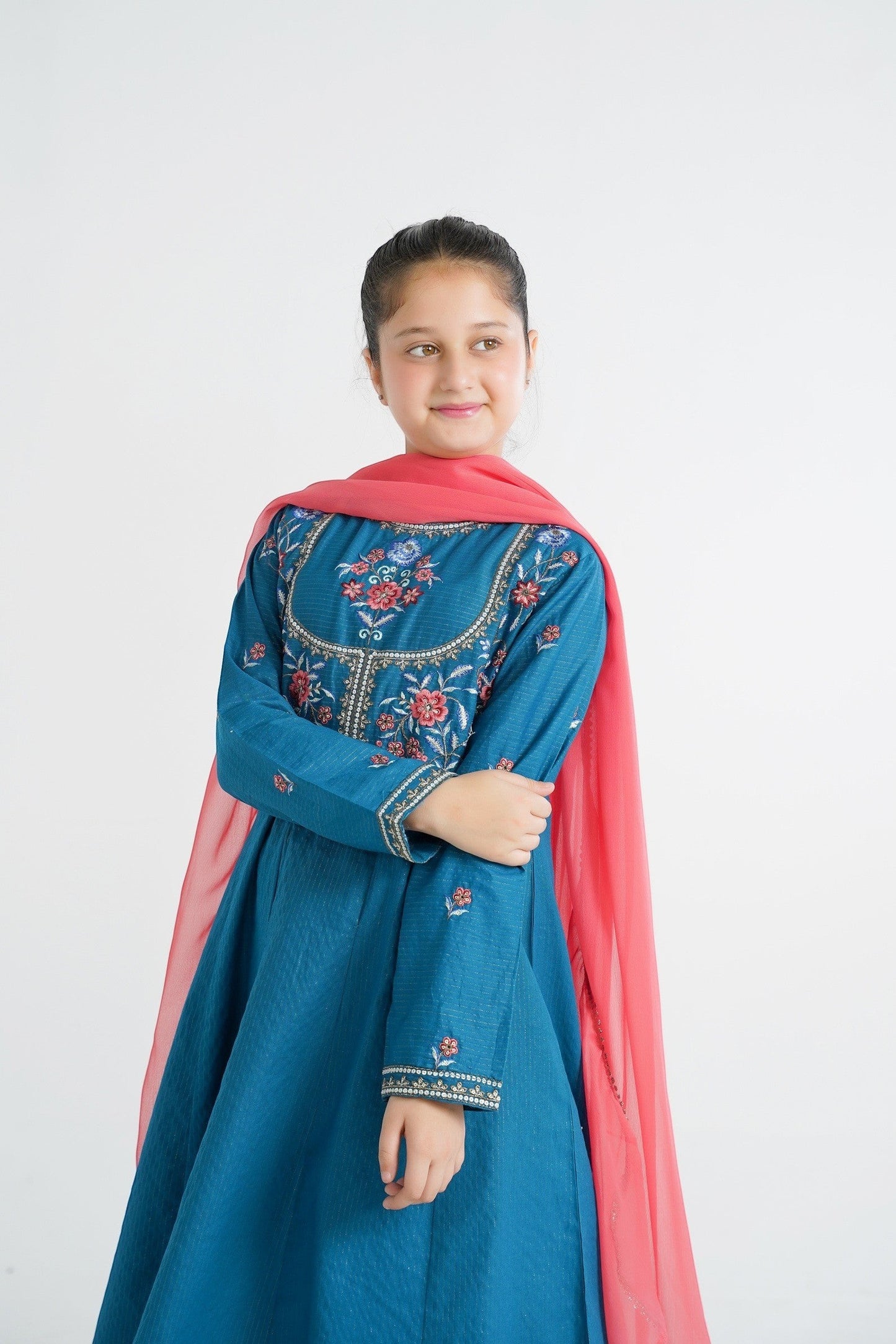 Lily embroidered teal Anarkali suit set for girls with coral dupatta. Features floral embroidery on yoke and sleeves.
