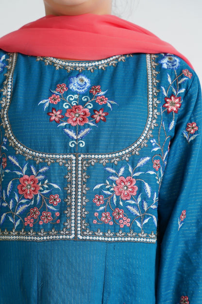 Lily embroidered teal Anarkali suit set for girls with floral embroidery and coral dupatta. Flared kurta with textured fabric.