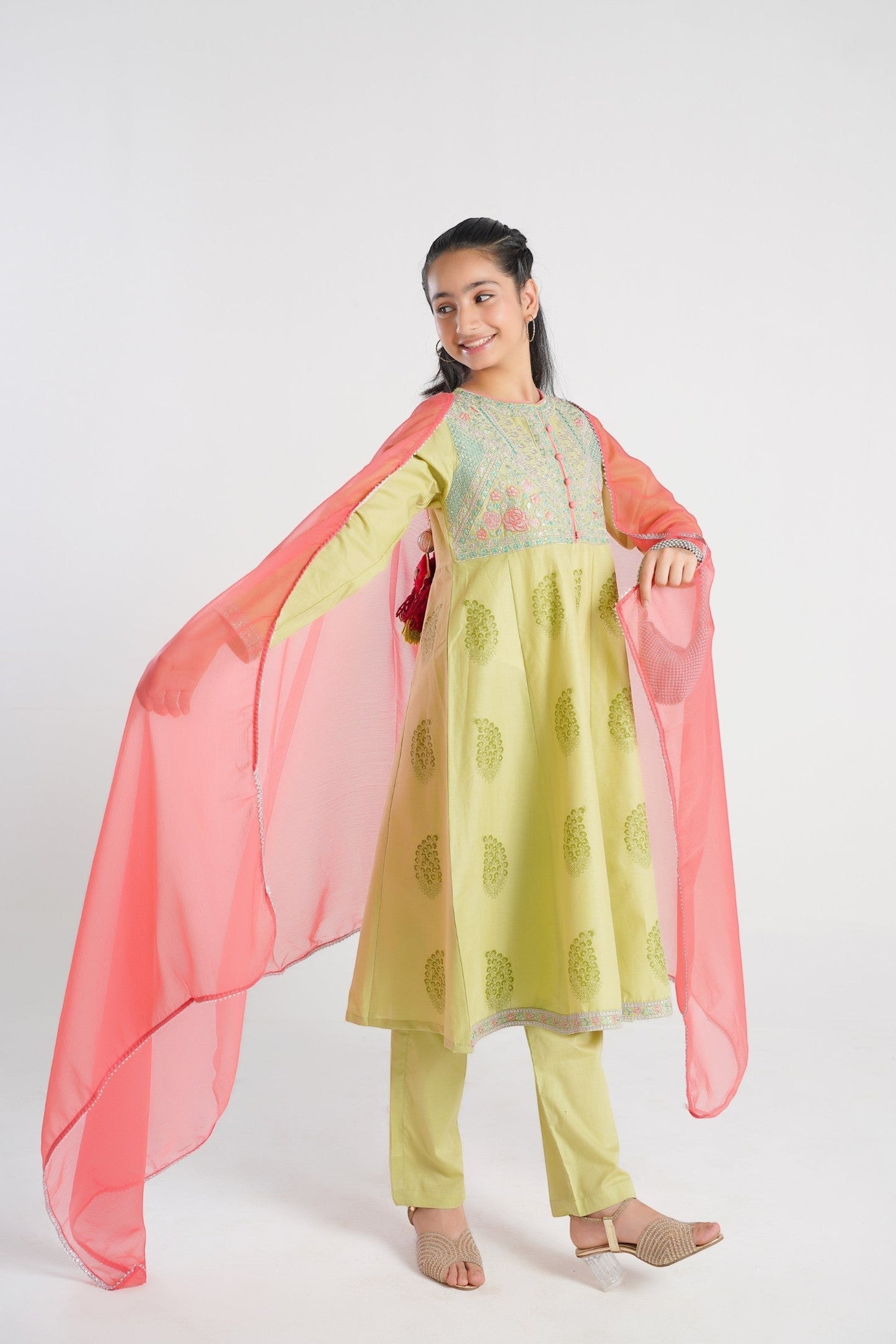 Lily embroidered lime green kurta set for girls with pastel embroidery on neckline and coral pink dupatta.