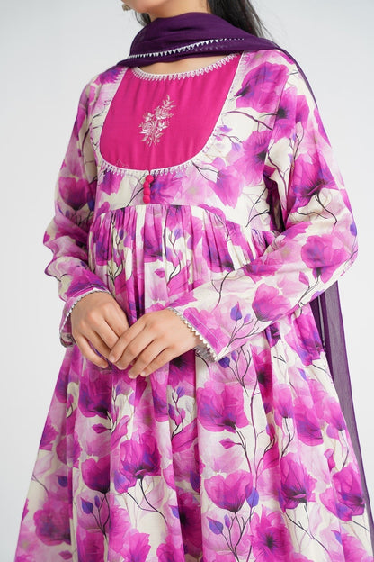 Lily cream Anarkali suit with pink & purple floral print, embroidered yoke, and dupatta.