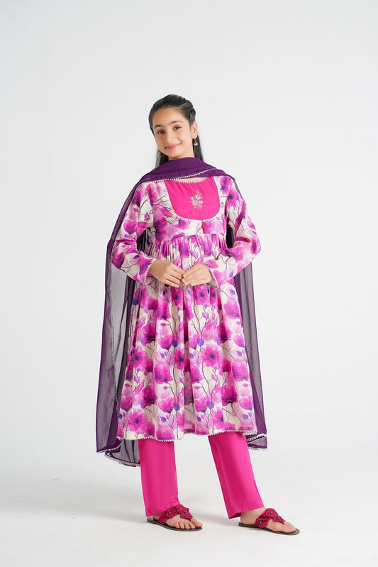Lily girls' cream Anarkali suit with pink & purple floral print, pink yoke with embroidery, pink trousers, and purple dupatta.