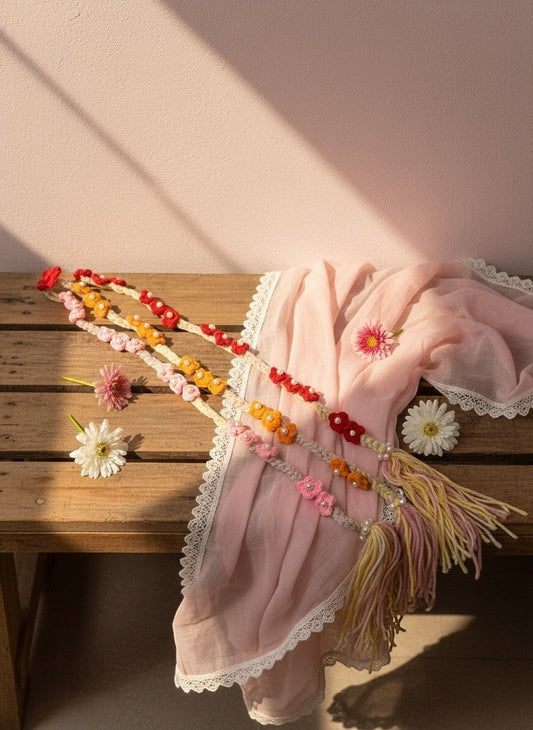 Lily handmade floral beaded necklace with pink, orange, red flowers and cream tassel. Crocheted garland style.