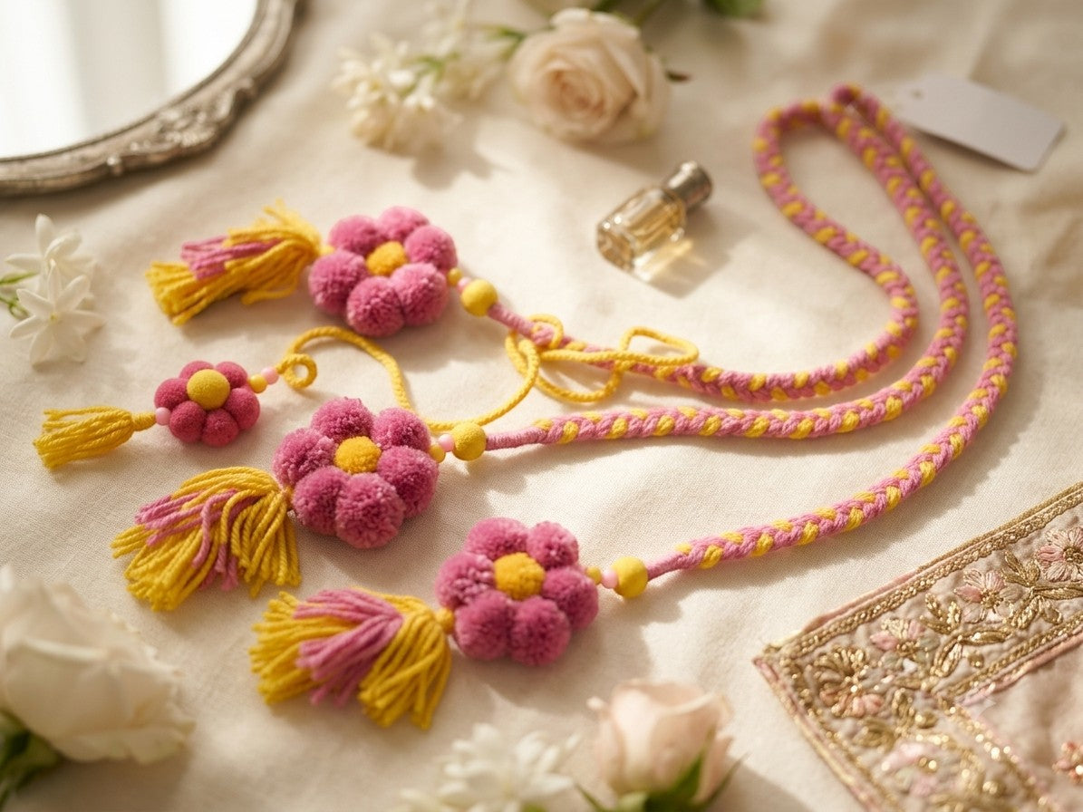 Lily handcrafted floral pom pom paranda in pink and yellow with braided cords, tassels, and wooden bead accents.