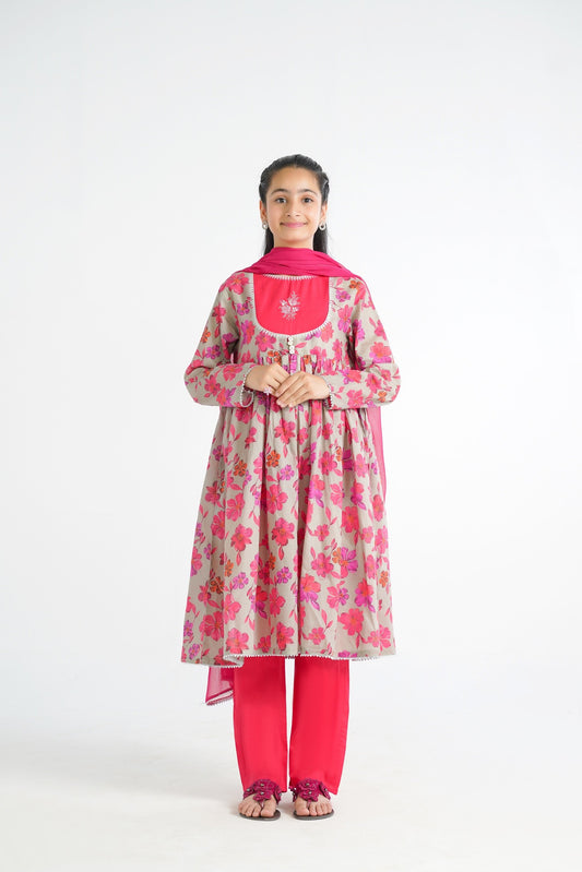 Lily grey kurta with pink floral print, hot pink yoke, embroidery, and silver trim. Paired with hot pink pants and dupatta.