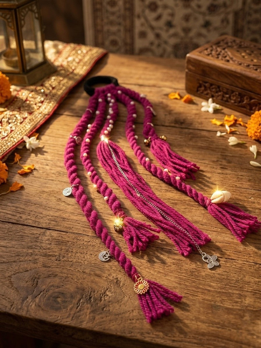 Lily fuchsia braided yarn hair accessory with pearls, beads, charms, and tassels. Bohemian style.