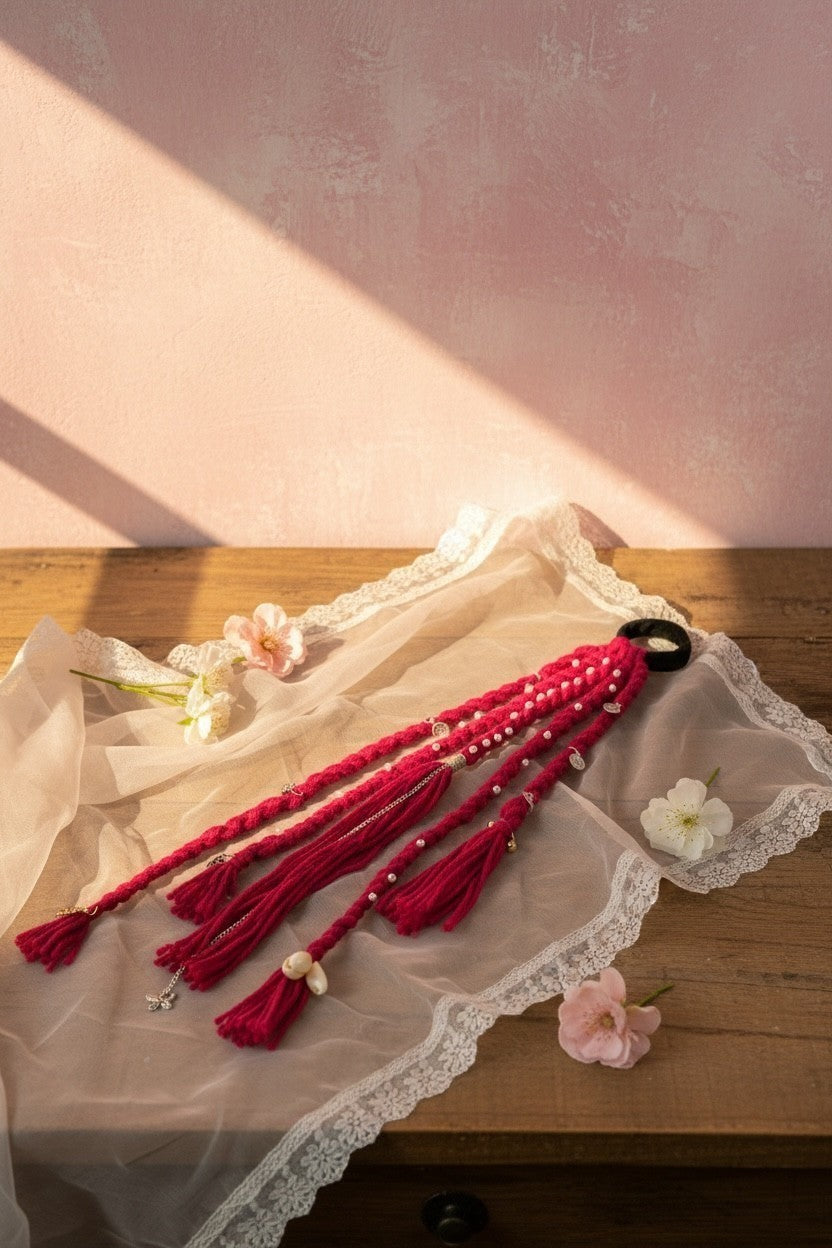 Lily braided fuchsia yarn hair accessory with pearls, tassels, and charms attached to a hair tie.