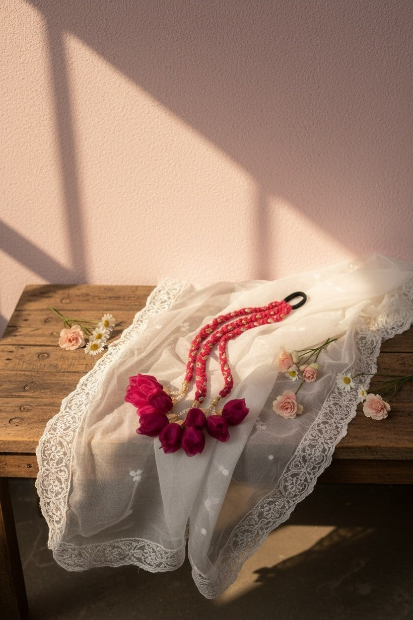 Lily fuchsia braided hair tie with floral tassels and delicate embroidery on white fabric.