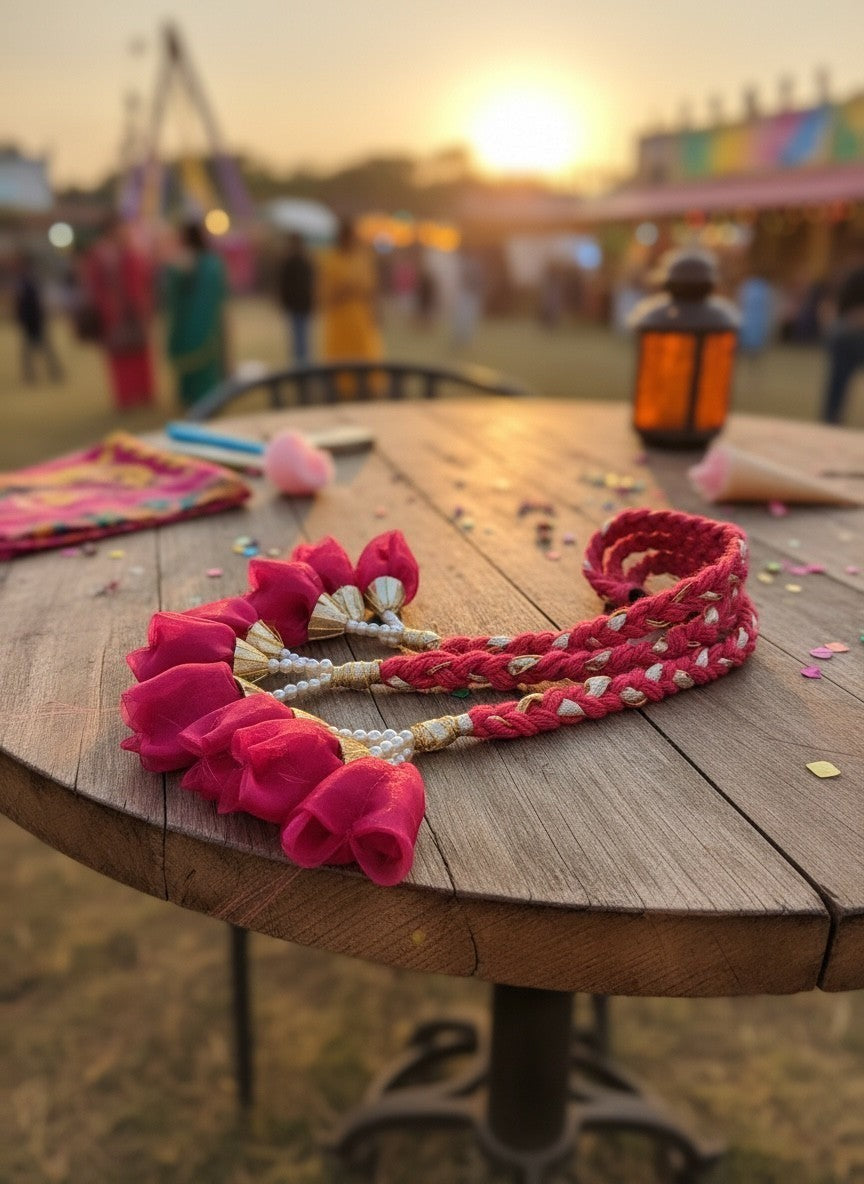 Lily fuchsia braided hair accessory with floral tassels and pearl beads, bohemian style