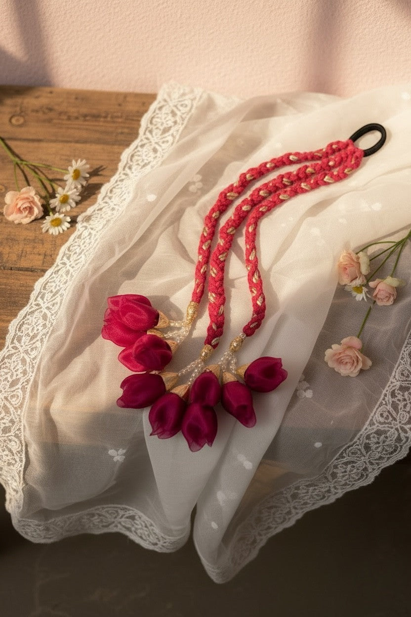 Lily braided fuchsia hair accessory with floral tassels and gold accents. Bohemian style hair tie.