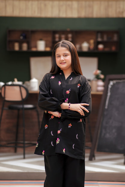 Lily girls black tunic and trouser set featuring vibrant floral embroidery, long sleeves, and a V-neckline.