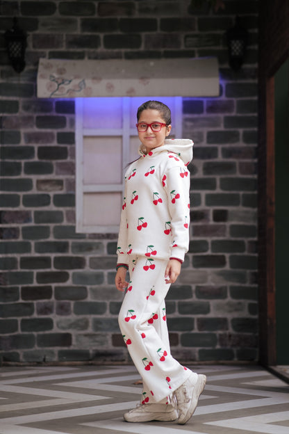 Lily girls white loungewear set with red cherry print, featuring a hooded sweatshirt and matching wide-leg pants.