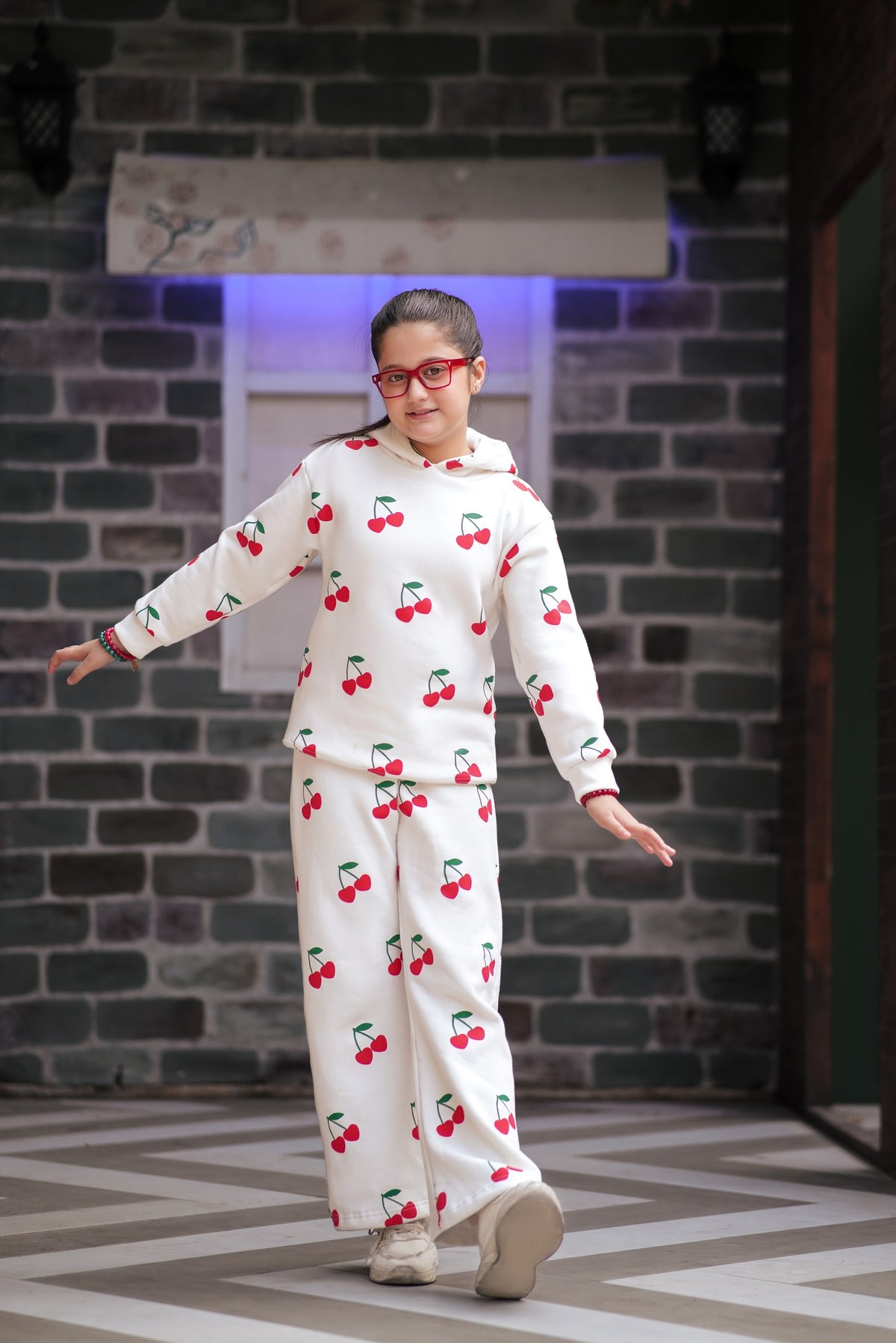 Lily girls white loungewear set with red cherry print, featuring a long-sleeve hoodie and wide-leg pants